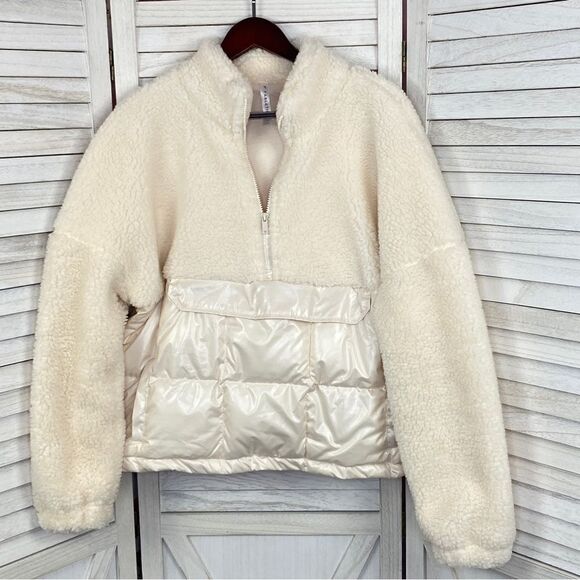 Fabletics Nelly Mixed Media Teddy Pullover Jacket Cream XL Half Zip - Picture 9 of 15